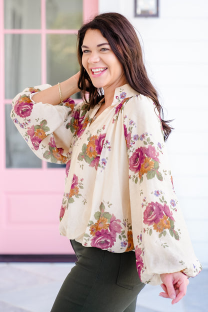 Floral Print Long Sleeve V Neck Blouse
