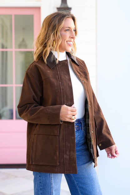 Long Sleeve Vegan Suede Jacket with Snap Button
