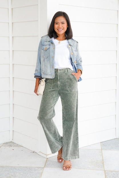 Washed Green Corduroy Wide Leg Pants with Pockets