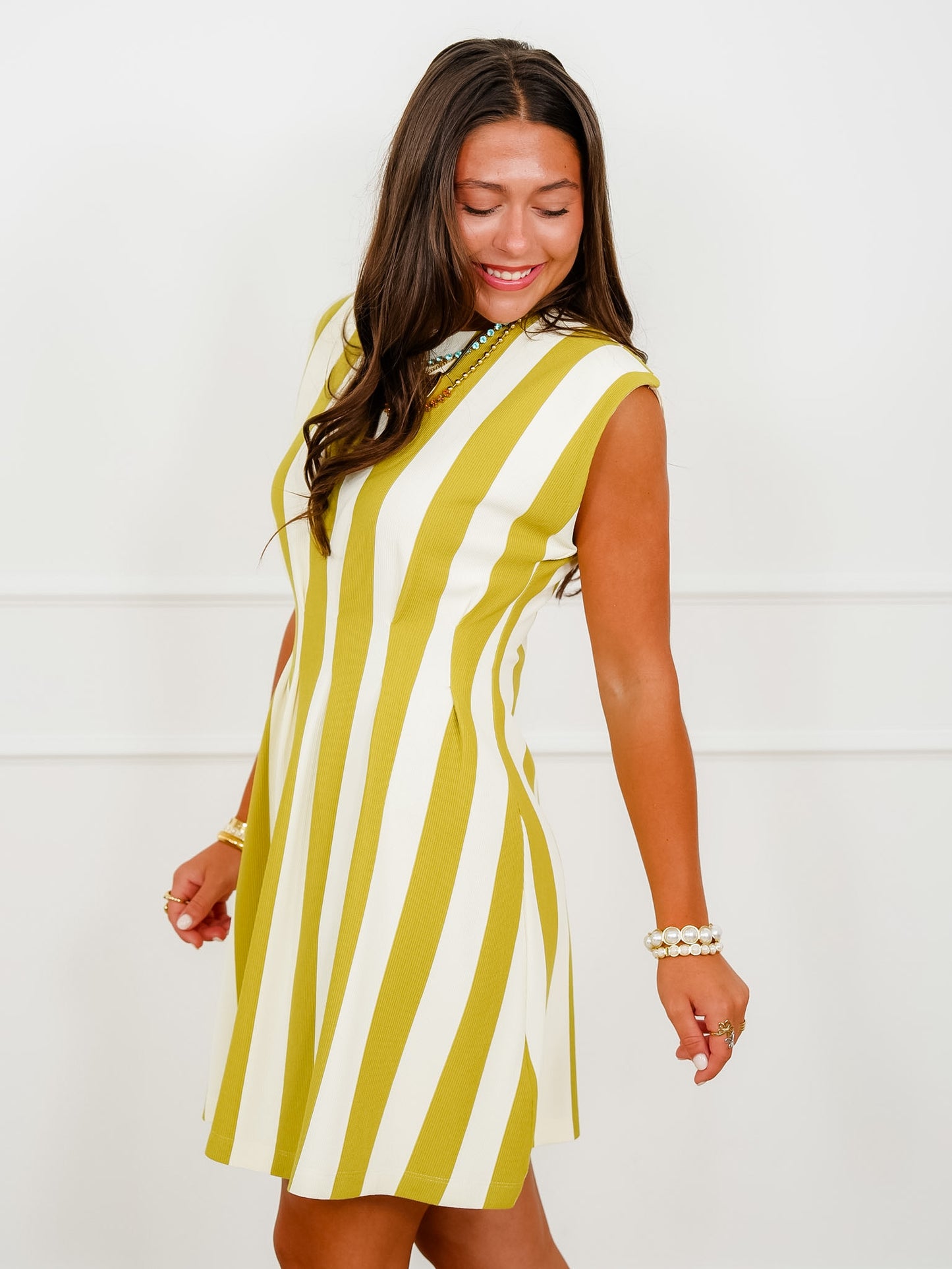 Striped Sleeveless Pleated Waist Mini Dress