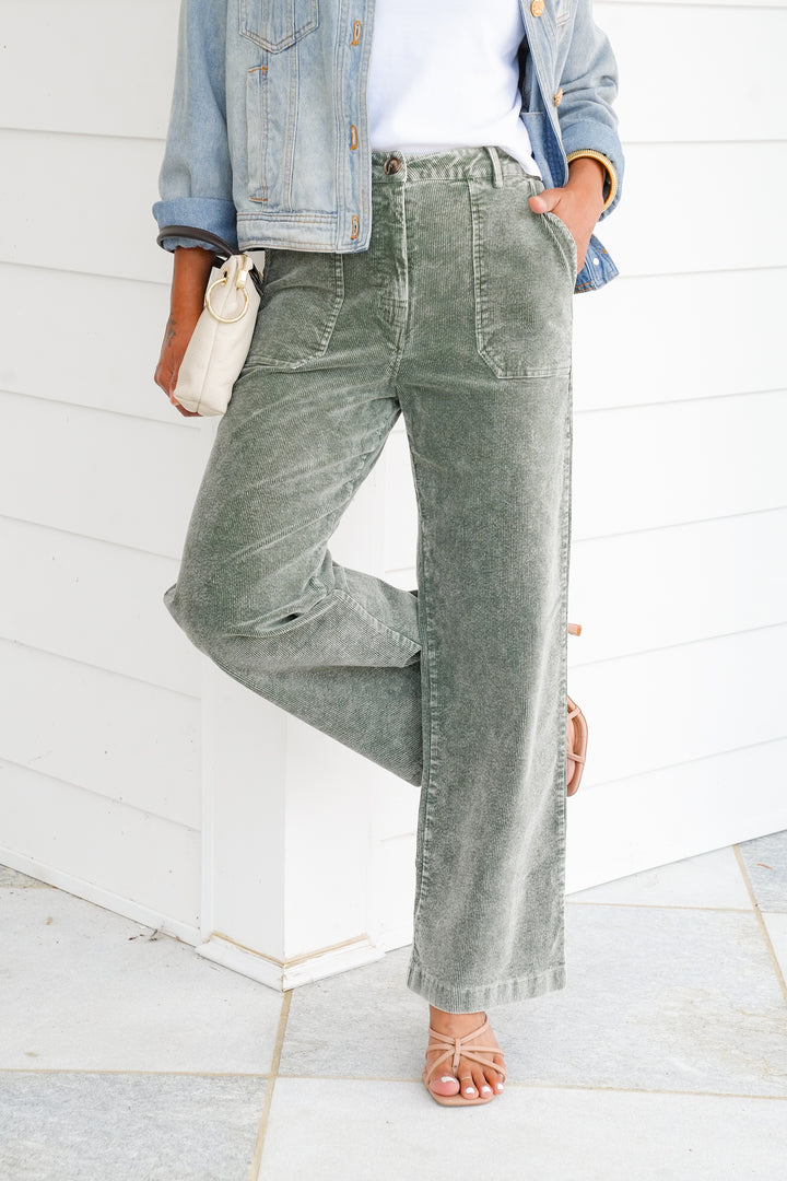 Washed Green Corduroy Wide Leg Pants with Pockets