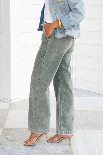 Washed Green Corduroy Wide Leg Pants with Pockets