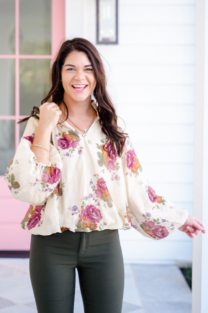 Floral Print Long Sleeve V Neck Blouse