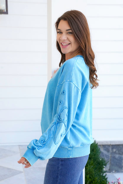 Embroidered Heart Pattern Long Sleeve Pullover Top
