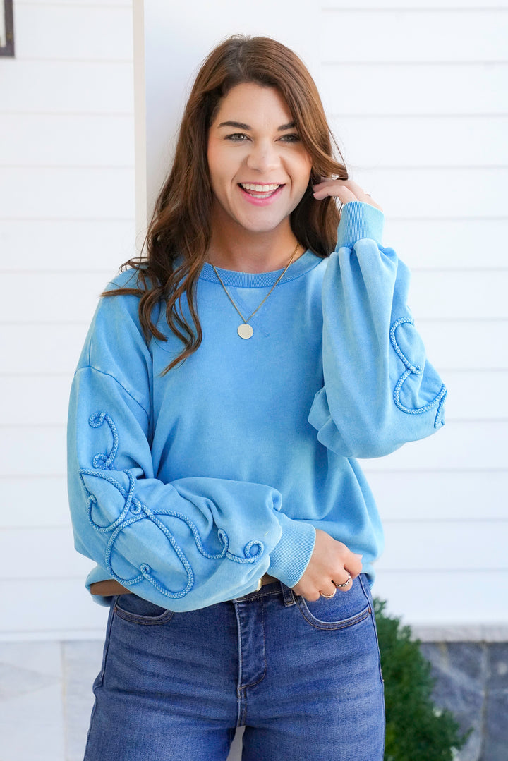 Embroidered Heart Pattern Long Sleeve Pullover Top