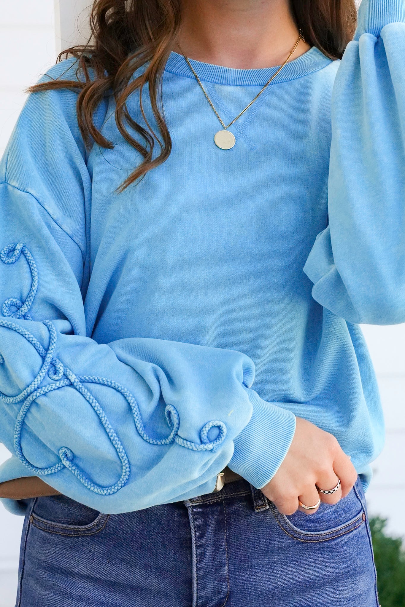 Embroidered Heart Pattern Long Sleeve Pullover Top