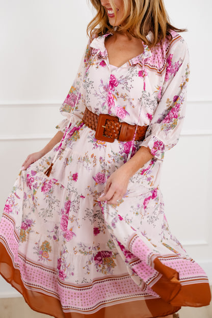 Floral Print 3/4 Sleeve Tiered Mix Dress
