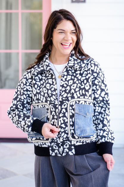 Leopard Long Sleeve Zip Up Jacket with Patch Pockets
