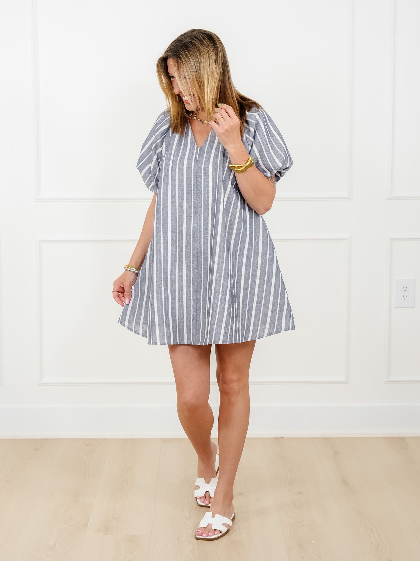 Stripe Short Sleeve V-Neck Mini Dress