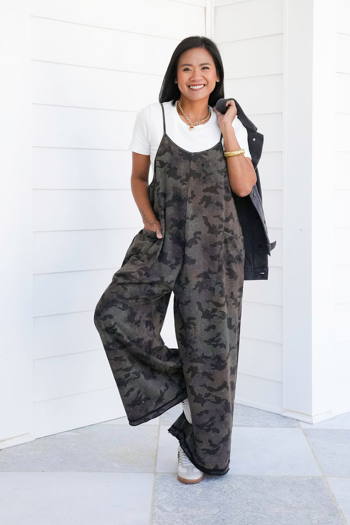 Camouflage Print Sleeveless Overalls