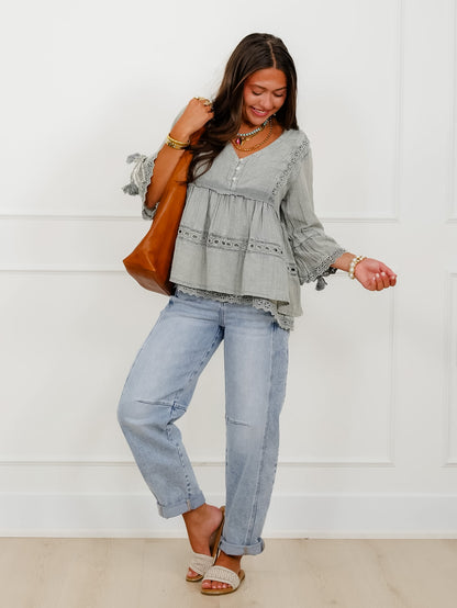 POL Vintage Washed Sage Peasant Top with Embroidered Trim