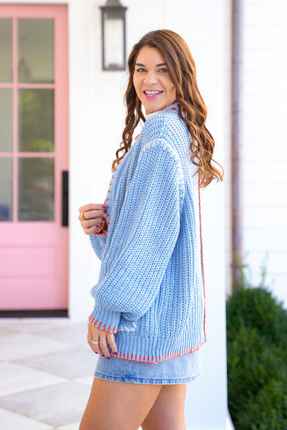 POL Blue Long Sleeve Open Cardigan With Stitching