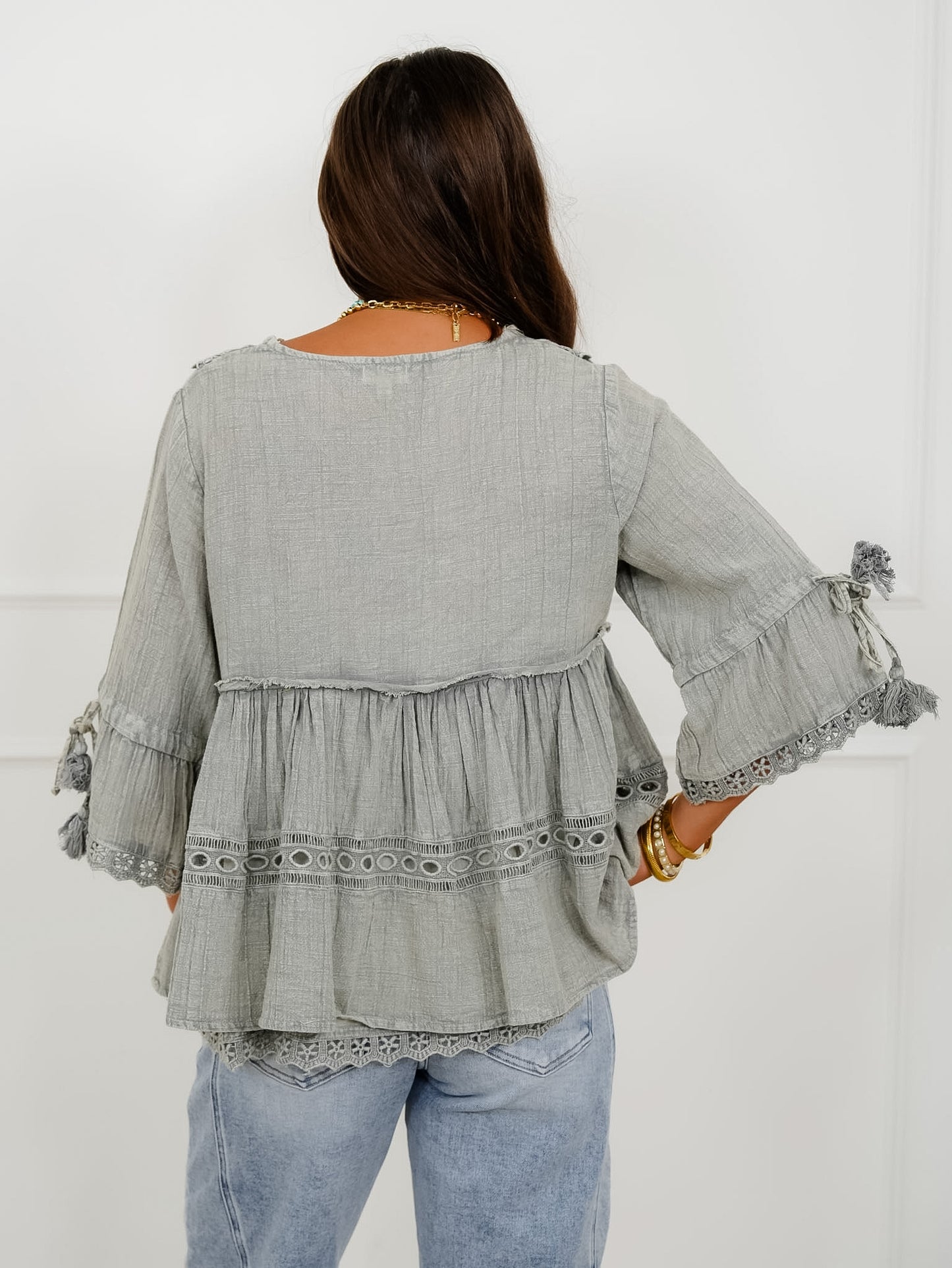 POL Vintage Washed Sage Peasant Top with Embroidered Trim