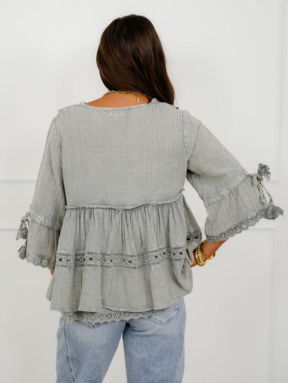 POL Vintage Washed Sage Peasant Top with Embroidered Trim