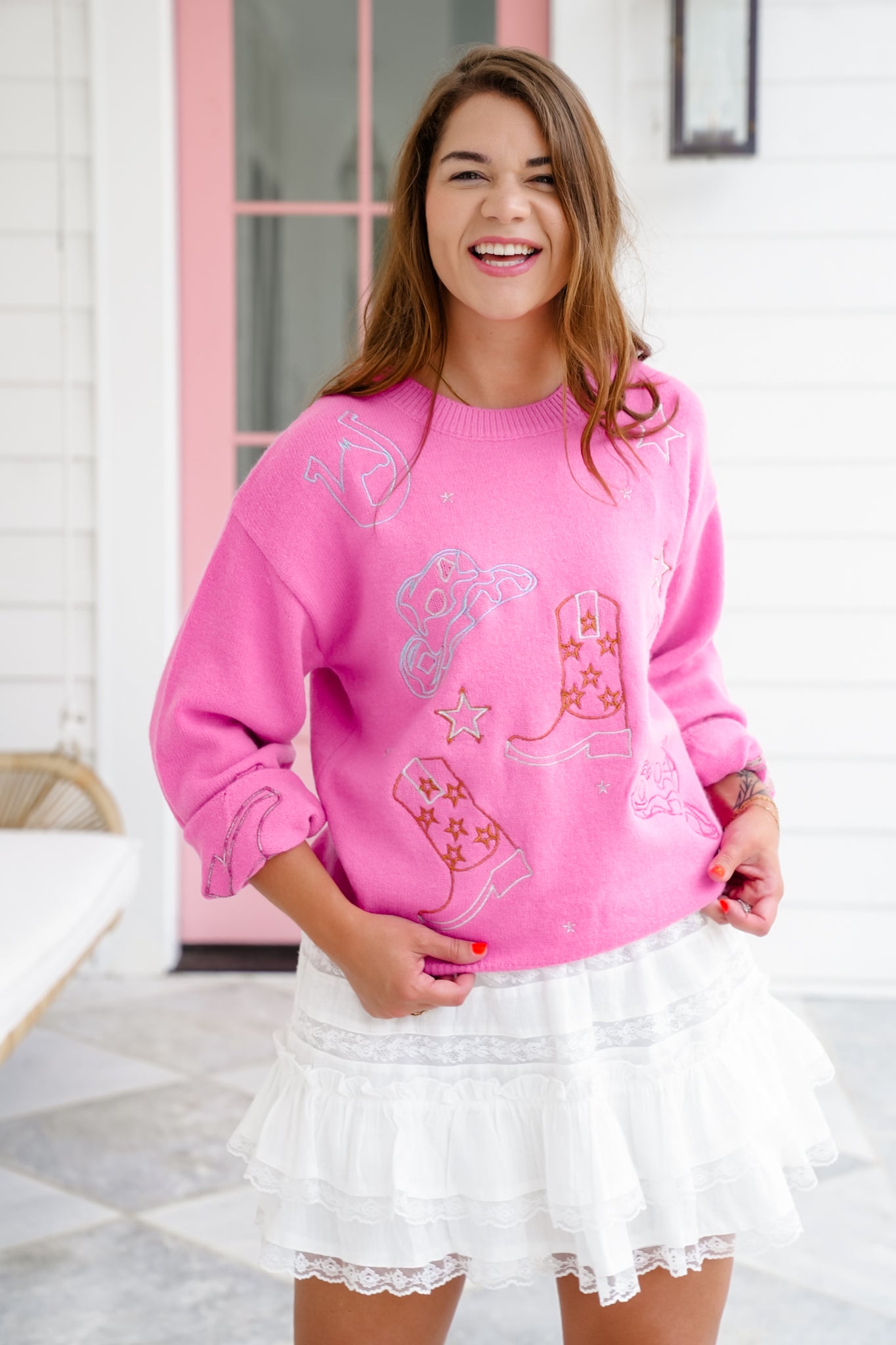 Metallic Embroidered Western Theme Long Sleeve Pullover