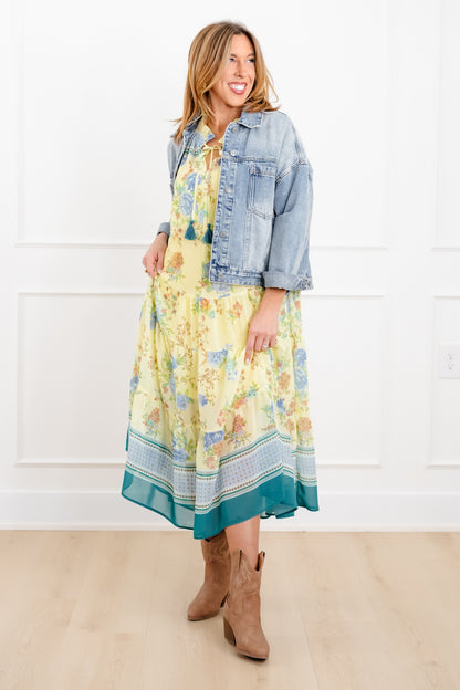 Floral Print 3/4 Sleeve Tiered Mix Dress