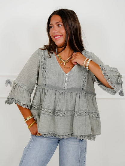 POL Vintage Washed Sage Peasant Top with Embroidered Trim