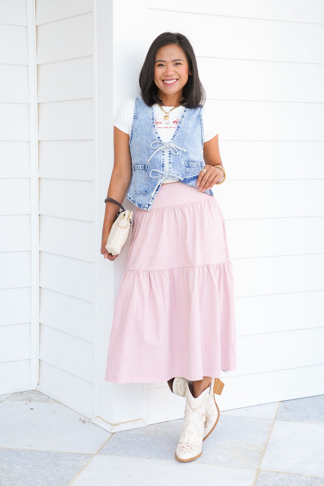 Vegan Suede Tiered Midi Skirt with Lace Detail