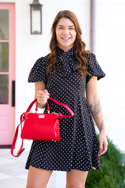 Black Polka Dot Short Puff Sleeve Dress