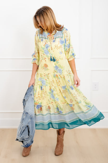 Floral Print 3/4 Sleeve Tiered Mix Dress