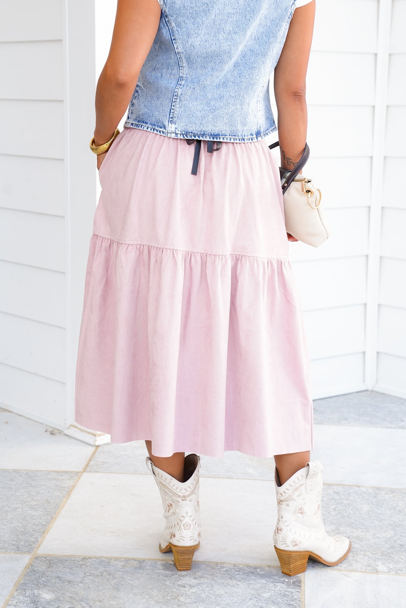 Vegan Suede Tiered Midi Skirt with Lace Detail