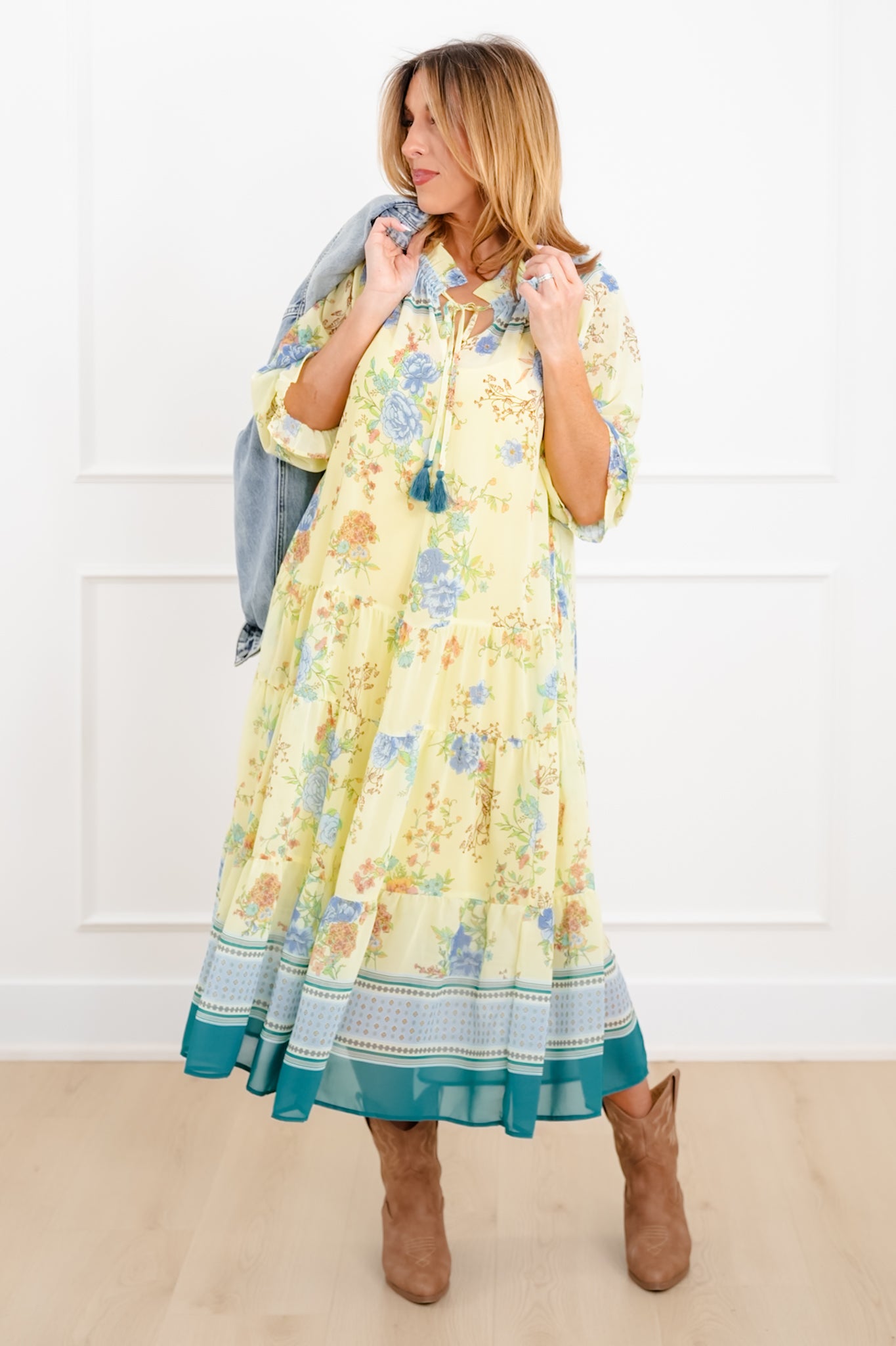 Floral Print 3/4 Sleeve Tiered Mix Dress