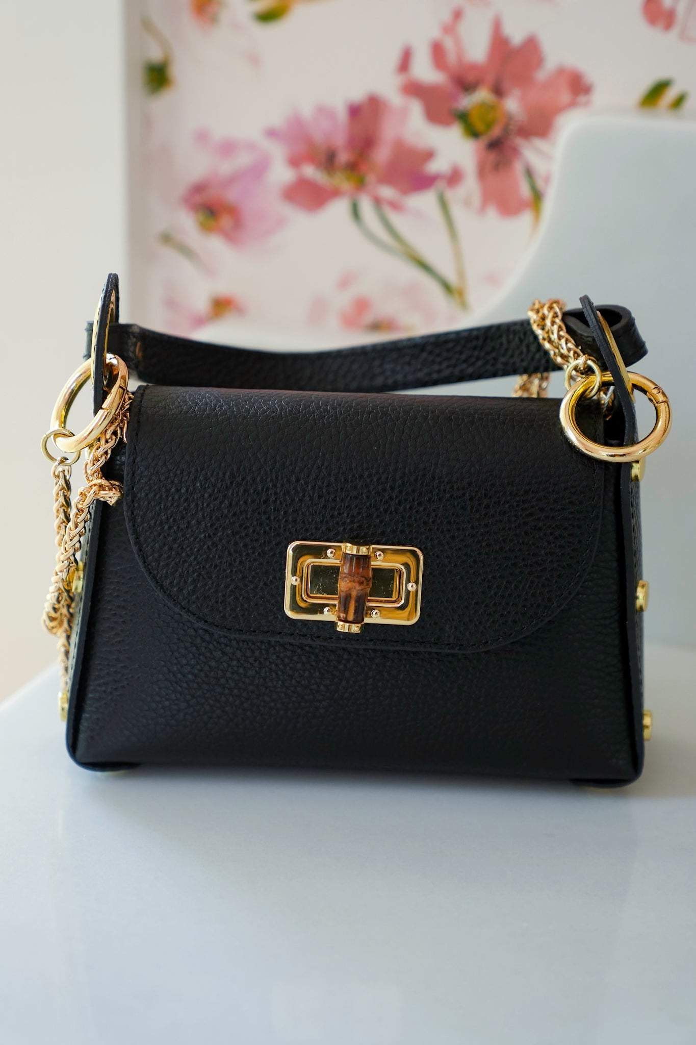 Leather Hand Bag with Bamboo Clasp
