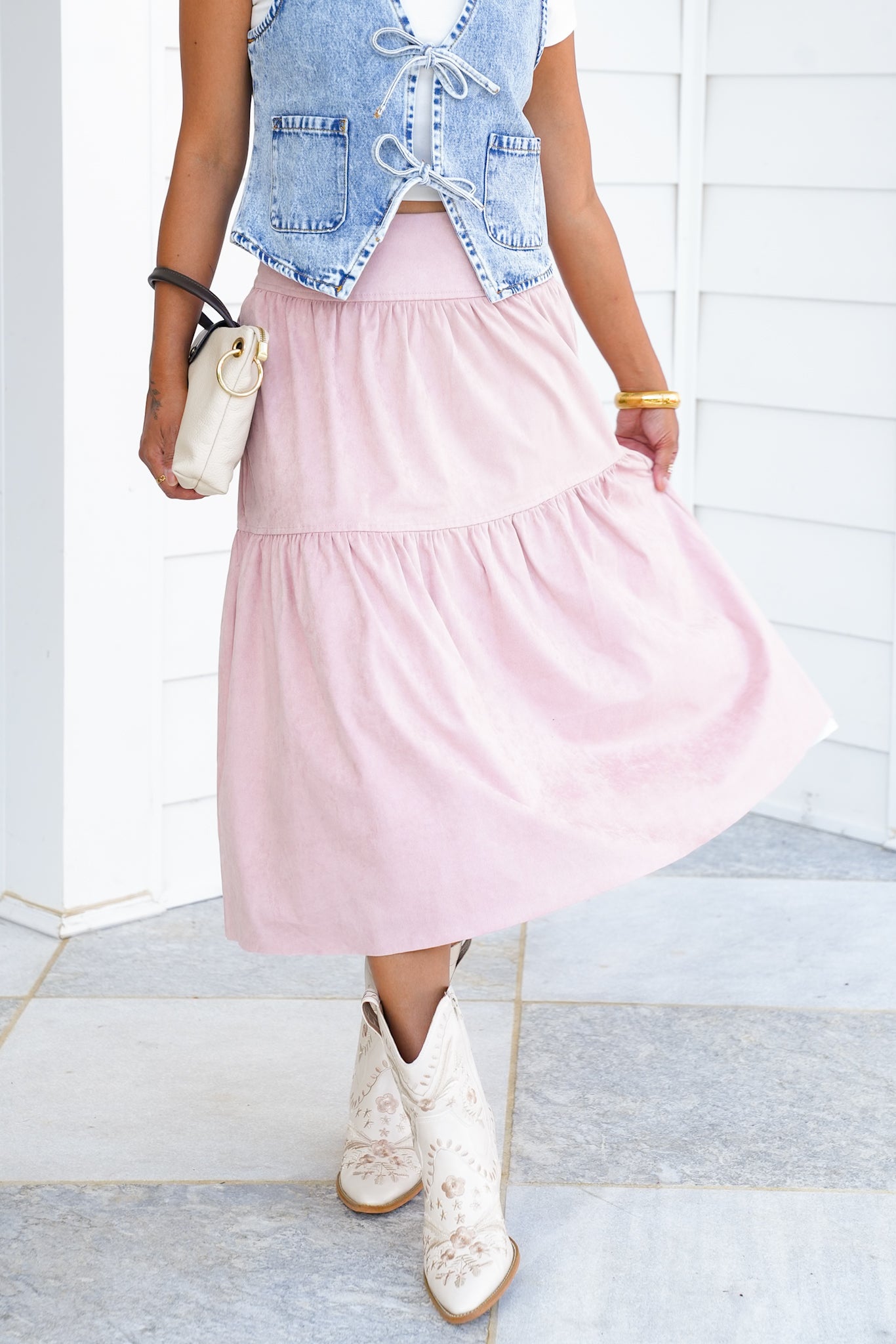 Vegan Suede Tiered Midi Skirt with Lace Detail