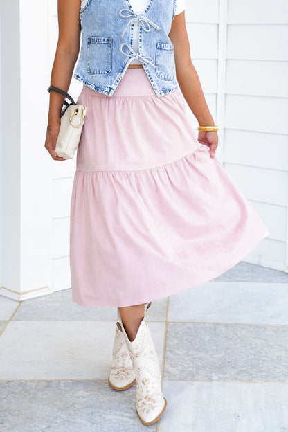 Vegan Suede Tiered Midi Skirt with Lace Detail