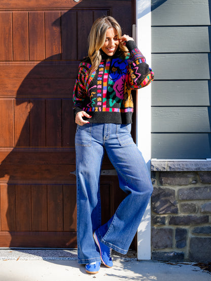Plus/Reg Multi Pattern Long Sleeve Turtleneck Knit Sweater