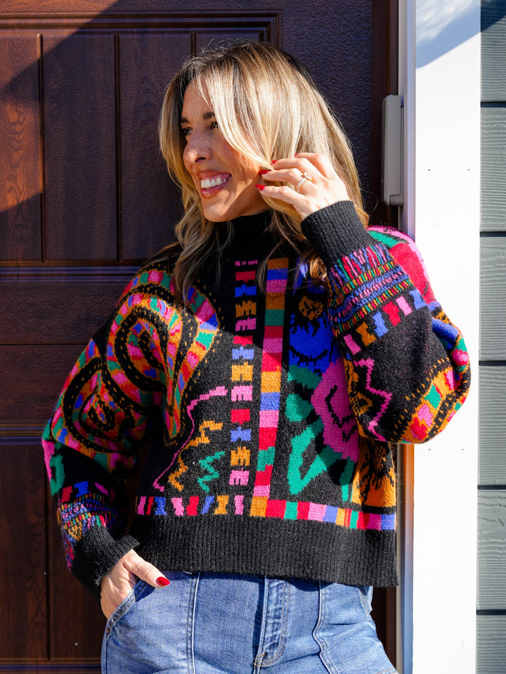 Plus/Reg Multi Pattern Long Sleeve Turtleneck Knit Sweater - Freckled Poppy