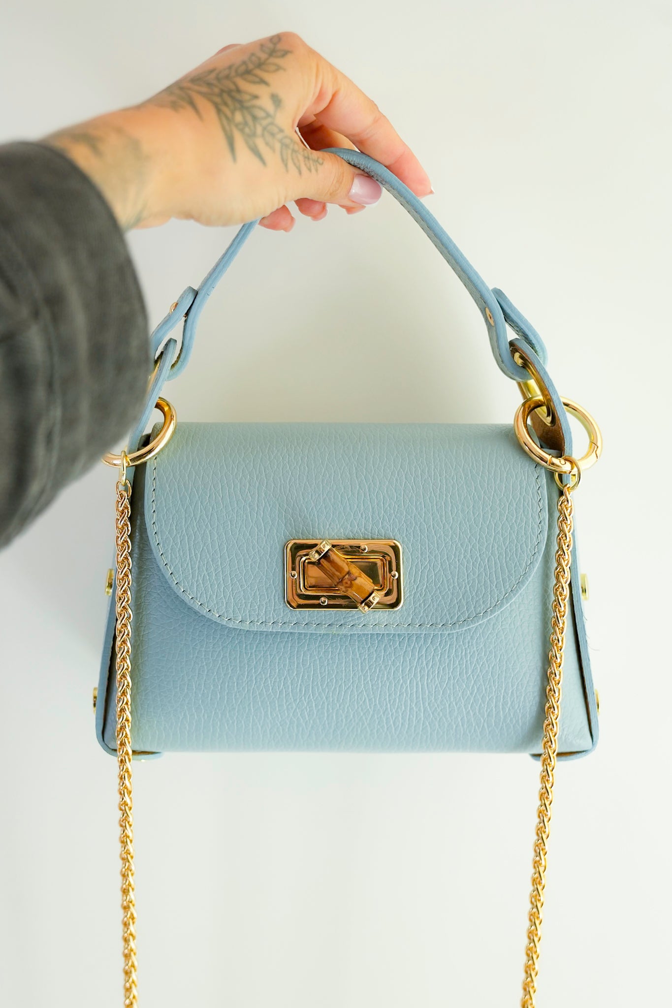 Leather Hand Bag with Bamboo Clasp