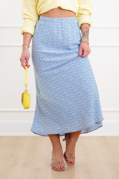 Blue Floral Elastic Waist Midi Skirt