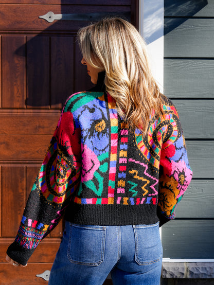 Plus/Reg Multi Pattern Long Sleeve Turtleneck Knit Sweater