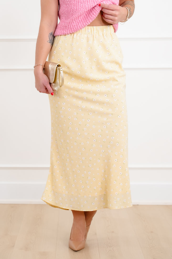 Yellow Floral Elastic Waist Midi Skirt