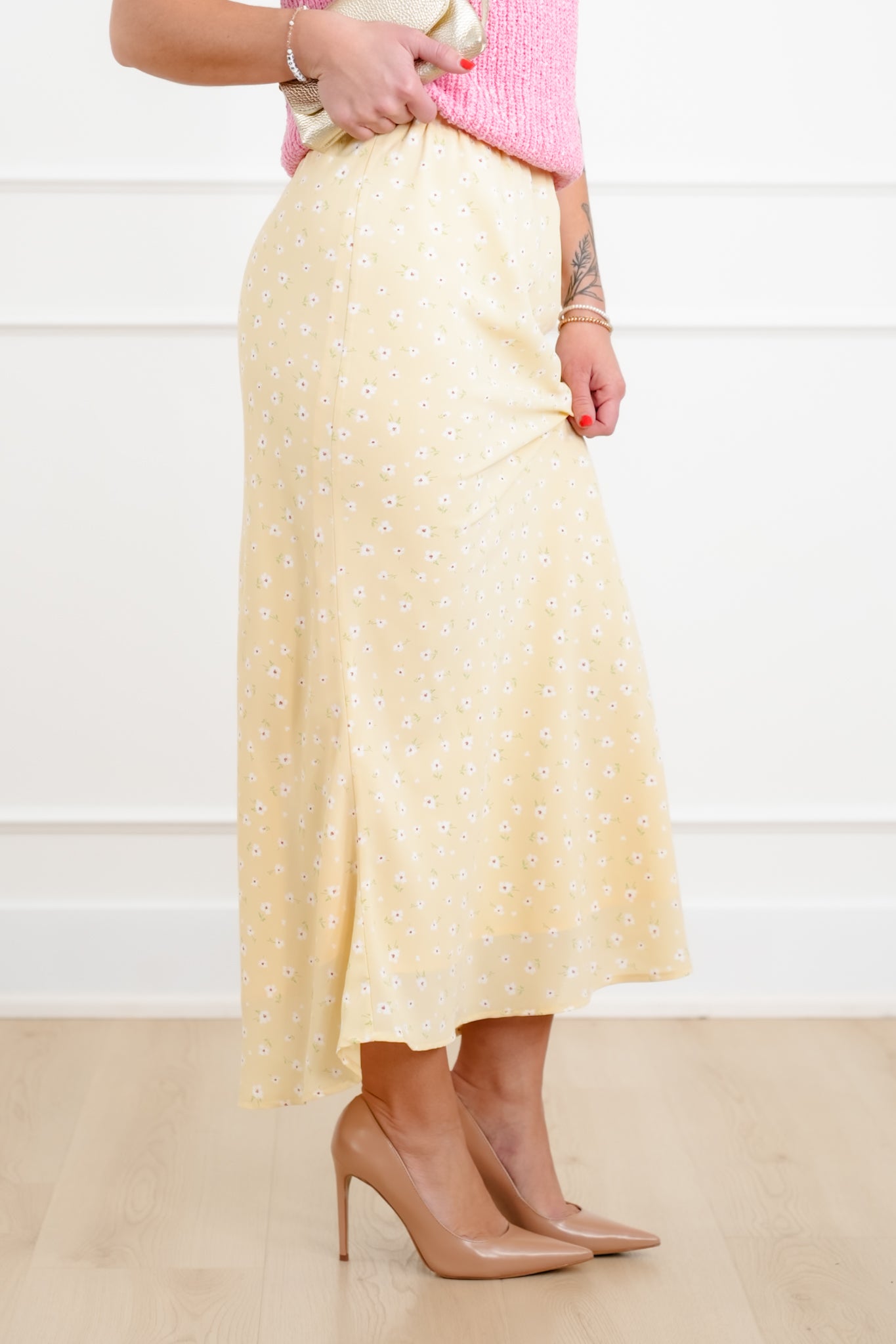 Yellow Floral Elastic Waist Midi Skirt