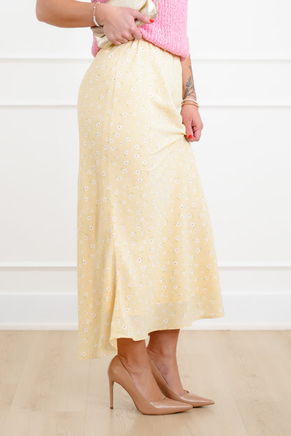 Yellow Floral Elastic Waist Midi Skirt