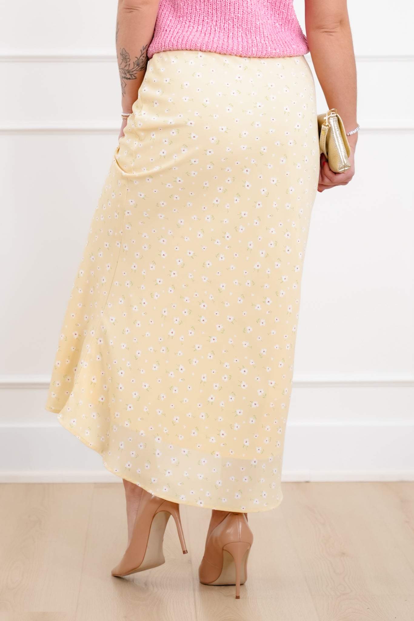 Yellow Floral Elastic Waist Midi Skirt