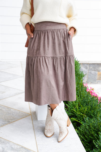 Vegan Suede Tiered Midi Skirt with Lace Detail