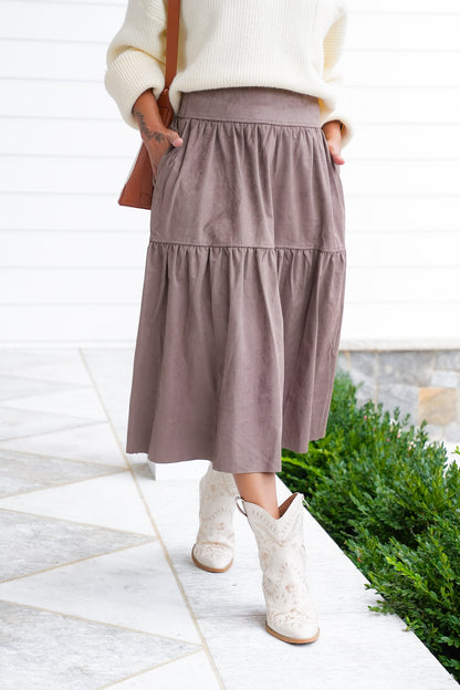Vegan Suede Tiered Midi Skirt with Lace Detail