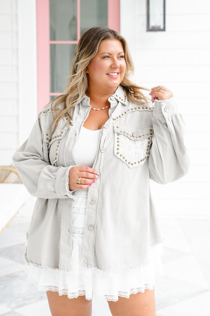 POL Long Sleeve Shacket With Lace And Stud Detail