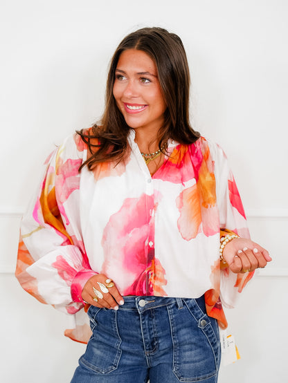Floral Print Long Sleeve Button Down Top