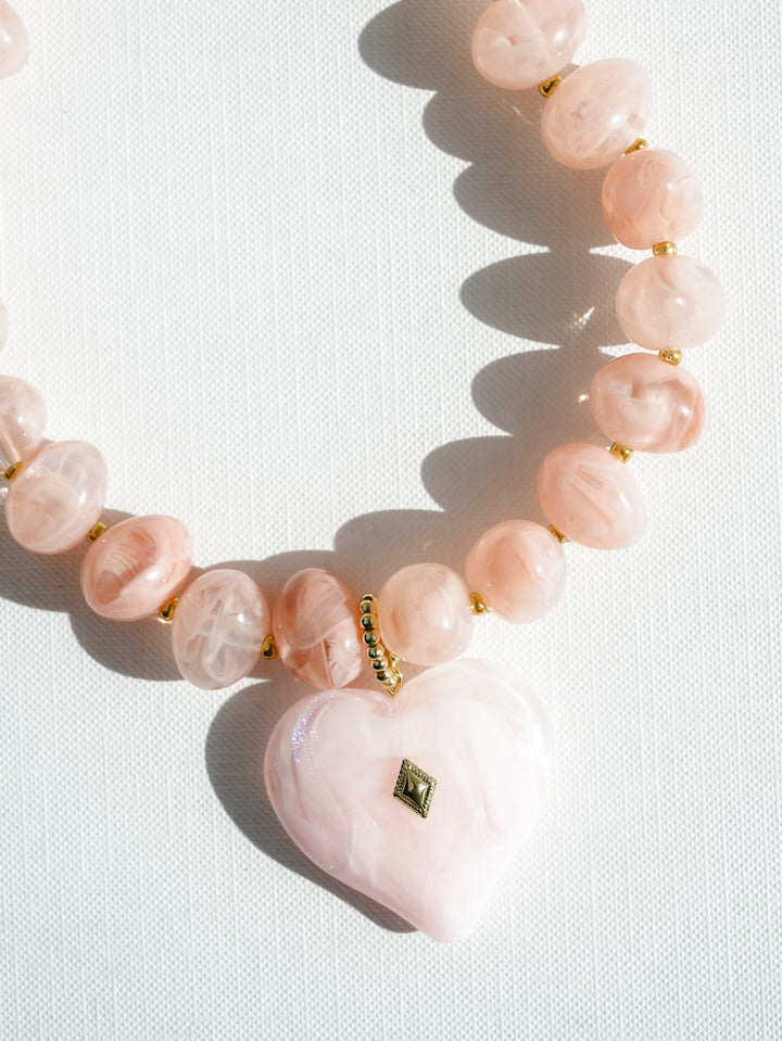 Chunky Blush Statement Necklace with Heart Pendant