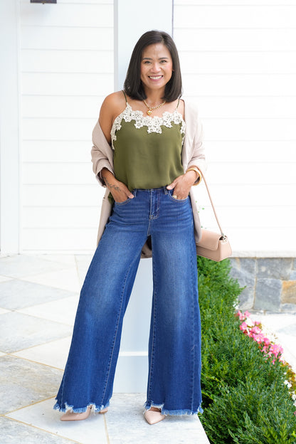 Olive Camisole with Floral Lace Detail
