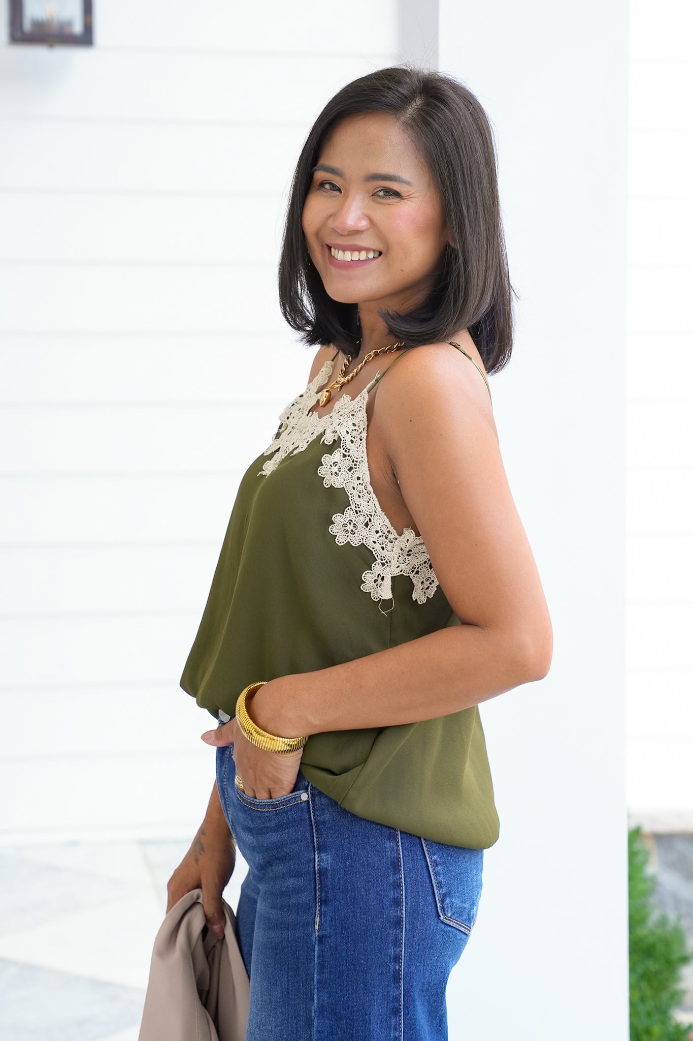 Olive Camisole with Floral Lace Detail