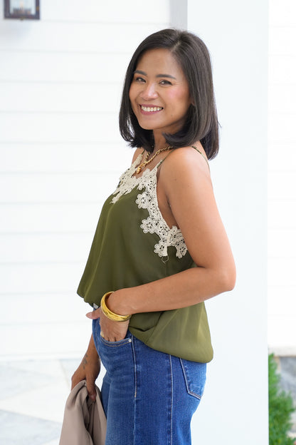 Olive Camisole with Floral Lace Detail