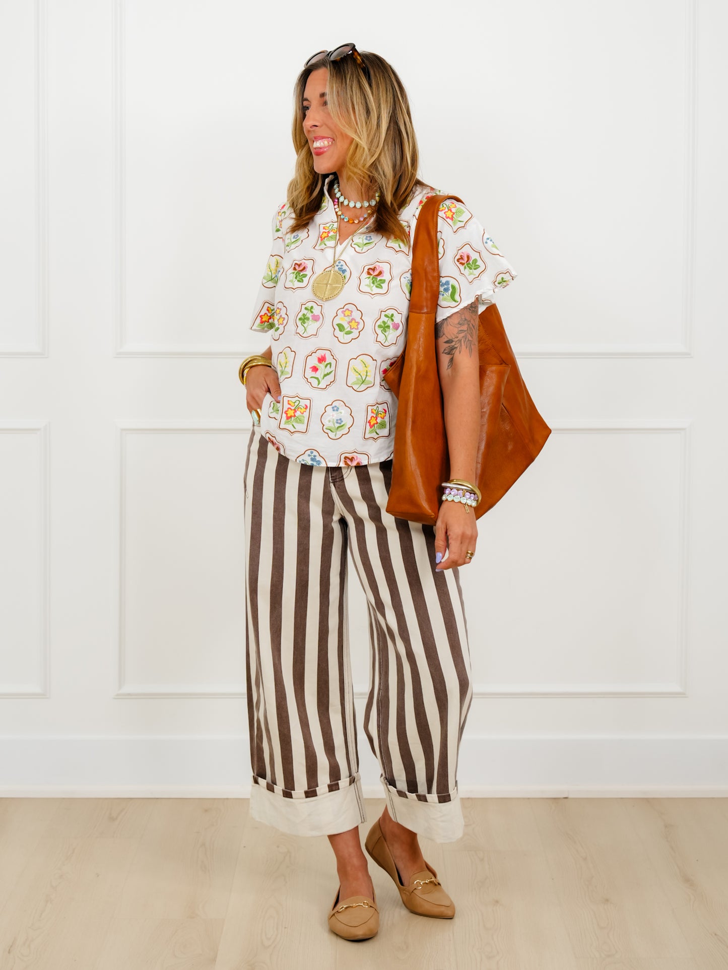 Embroidered Floral Short Sleeve V Neck Top