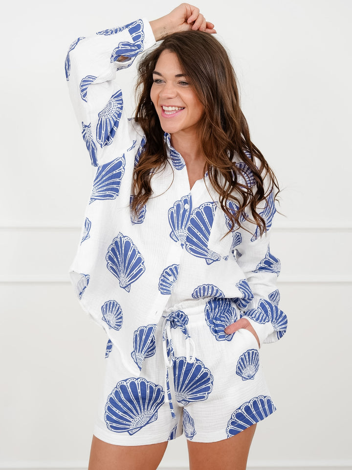 Seashell Print Long Sleeve Button Down Top and Shorts Set