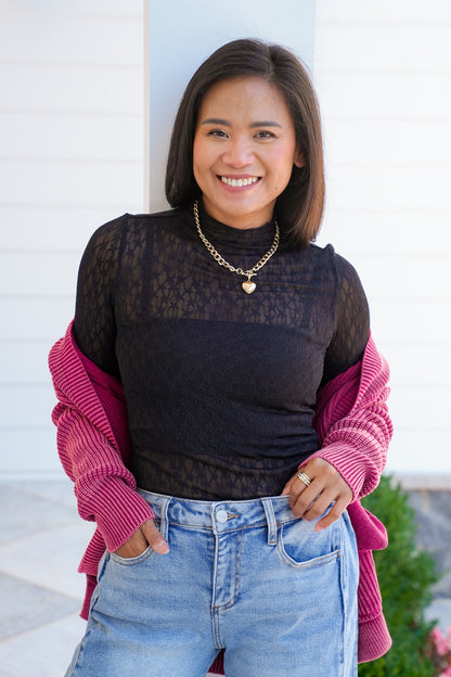 Sheer Lace Long Sleeve Mock Neck Top