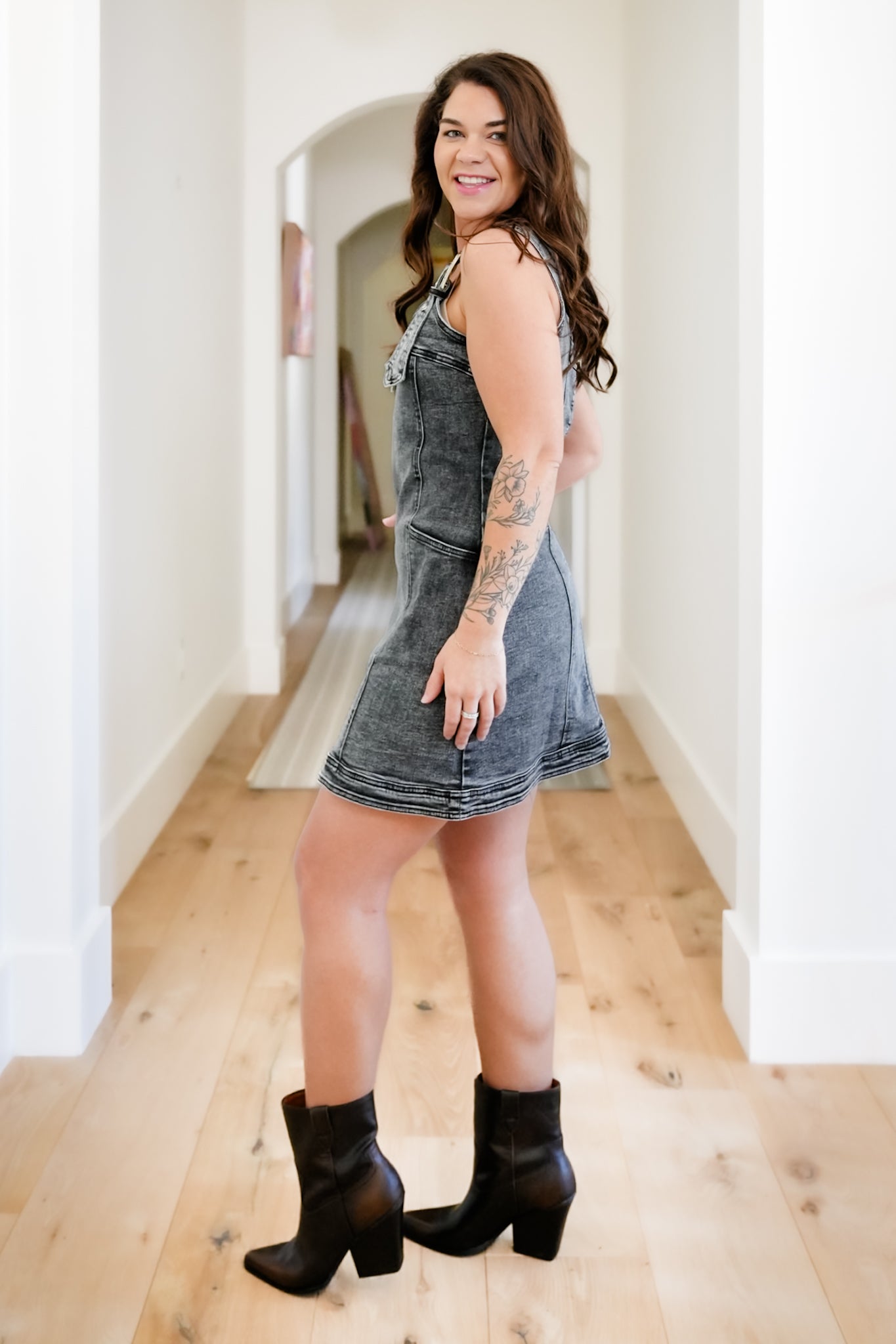 Acid Wash Sleeveless Mini Dress with Buckle Straps